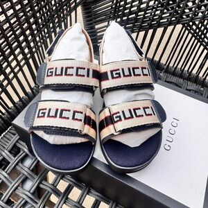 Gucci Blue and Cream Logo Strap Sandals